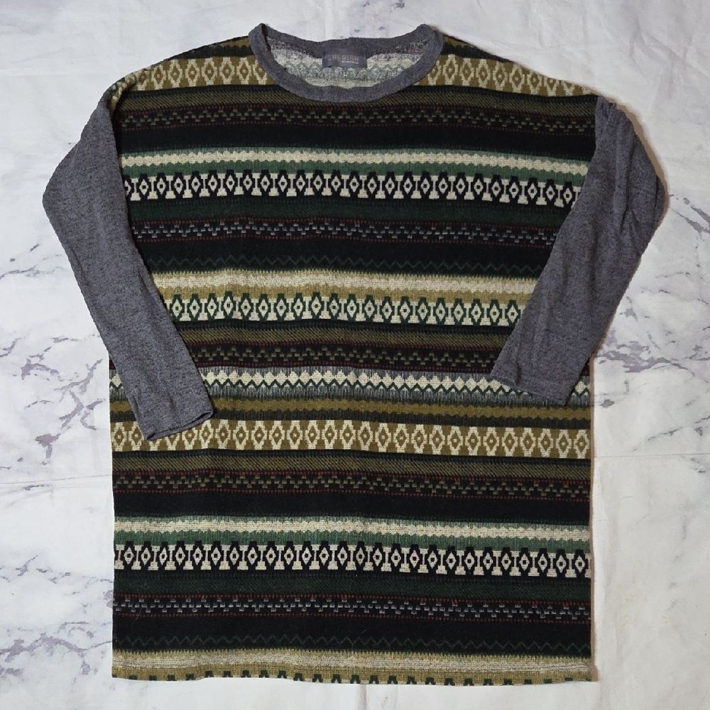 Cherish Gray and Green Print Knit Tunic Sweater